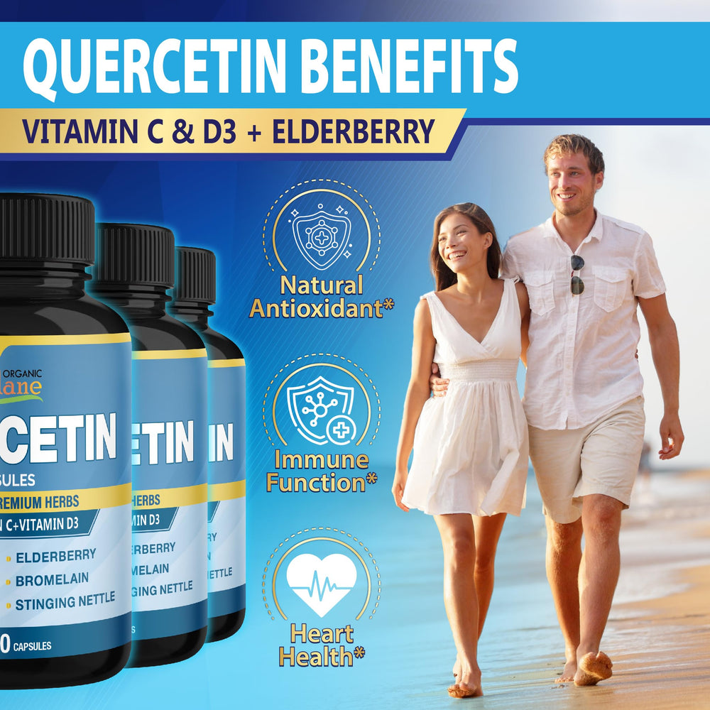 Label close-up showing Quercetin, Vitamin C, Vitamin D, Zinc