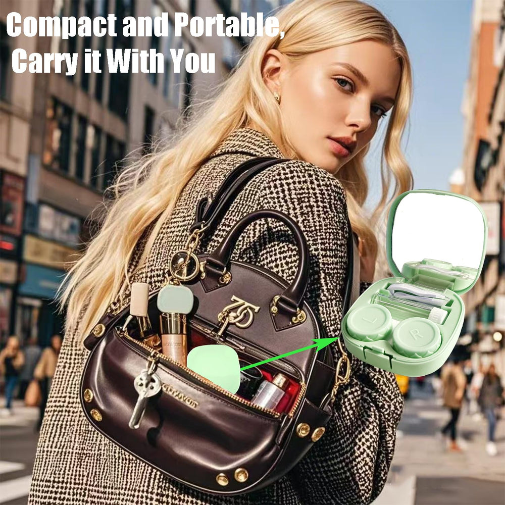 Portable green travel case shown with accessories