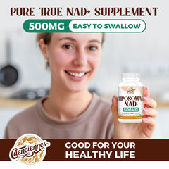 Caenciennes Liposomal NAD+ USA-made badge emphasizes quality control and safe manufacturing