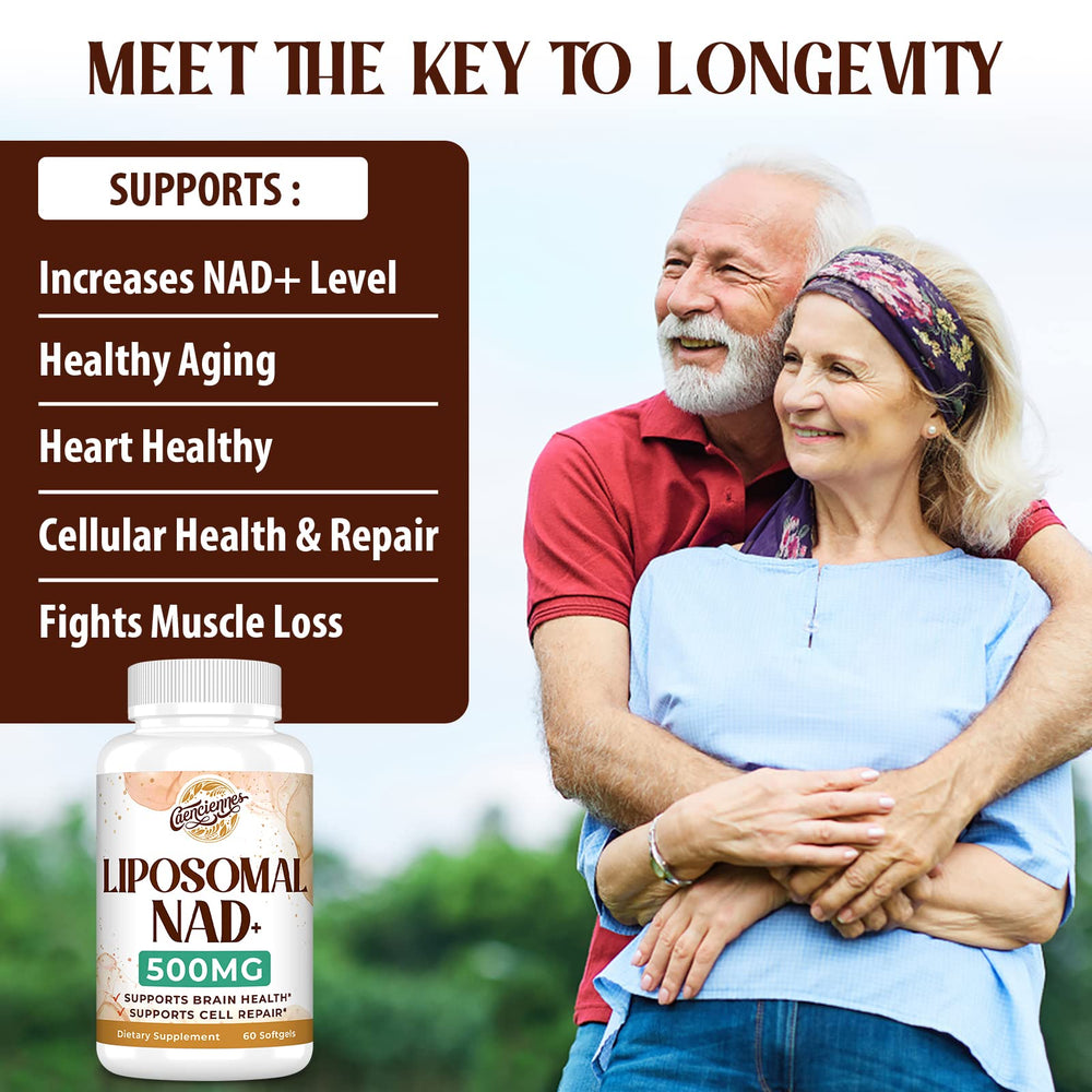 Caenciennes Liposomal NAD+ Plus soft gels on wood scene showcasing premium packaging