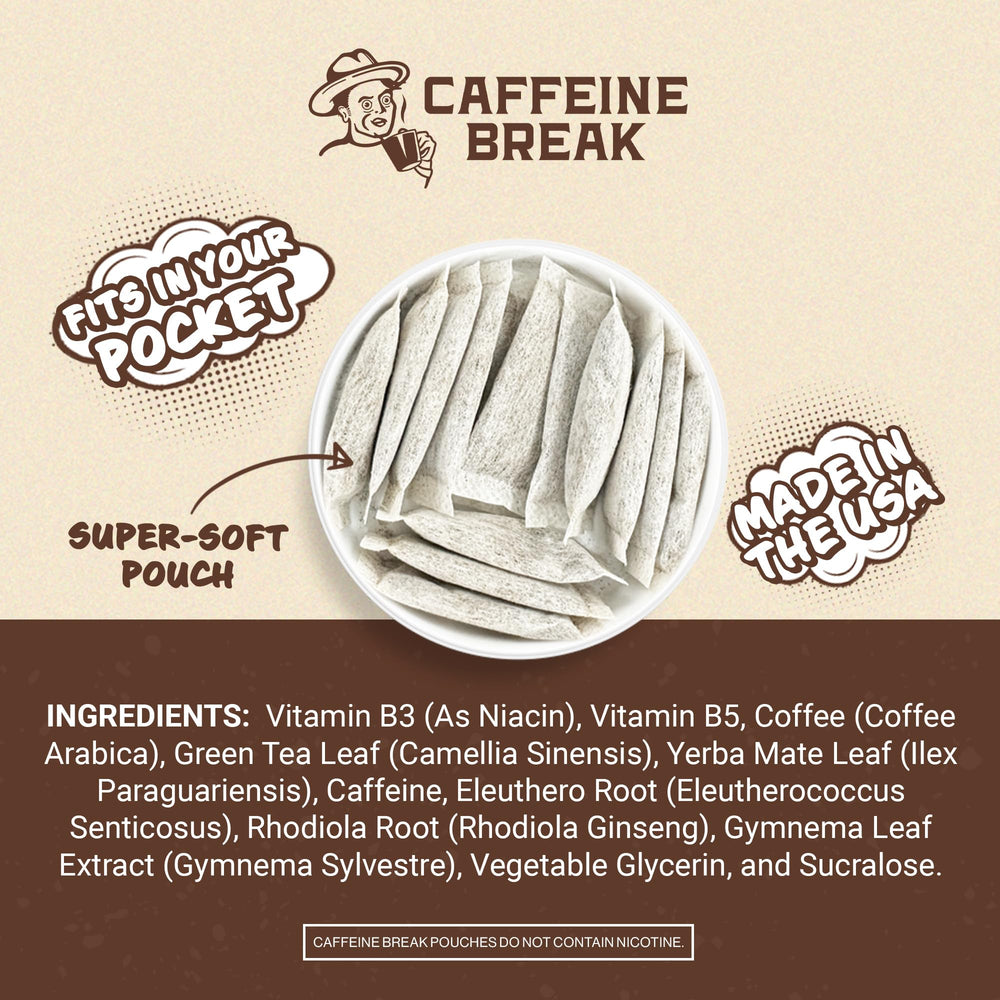 Caffeine Break Coffee Break Pouch closeup highlights smooth coffee flavor and clean energy.