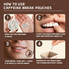 Caffeine Break Coffee Break Pouch closeup highlights smooth coffee flavor and clean energy.