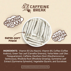 Caffeine Break Coffee Break Pouch closeup highlights smooth coffee flavor and clean energy.