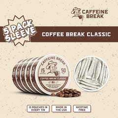 Caffeine Break Coffee Break Tin front showcases 15 XL pouches for all-day use.