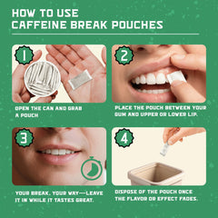 Caffeine Break peppermint pouch closeup mint highlights refreshing flavor fueling focus.