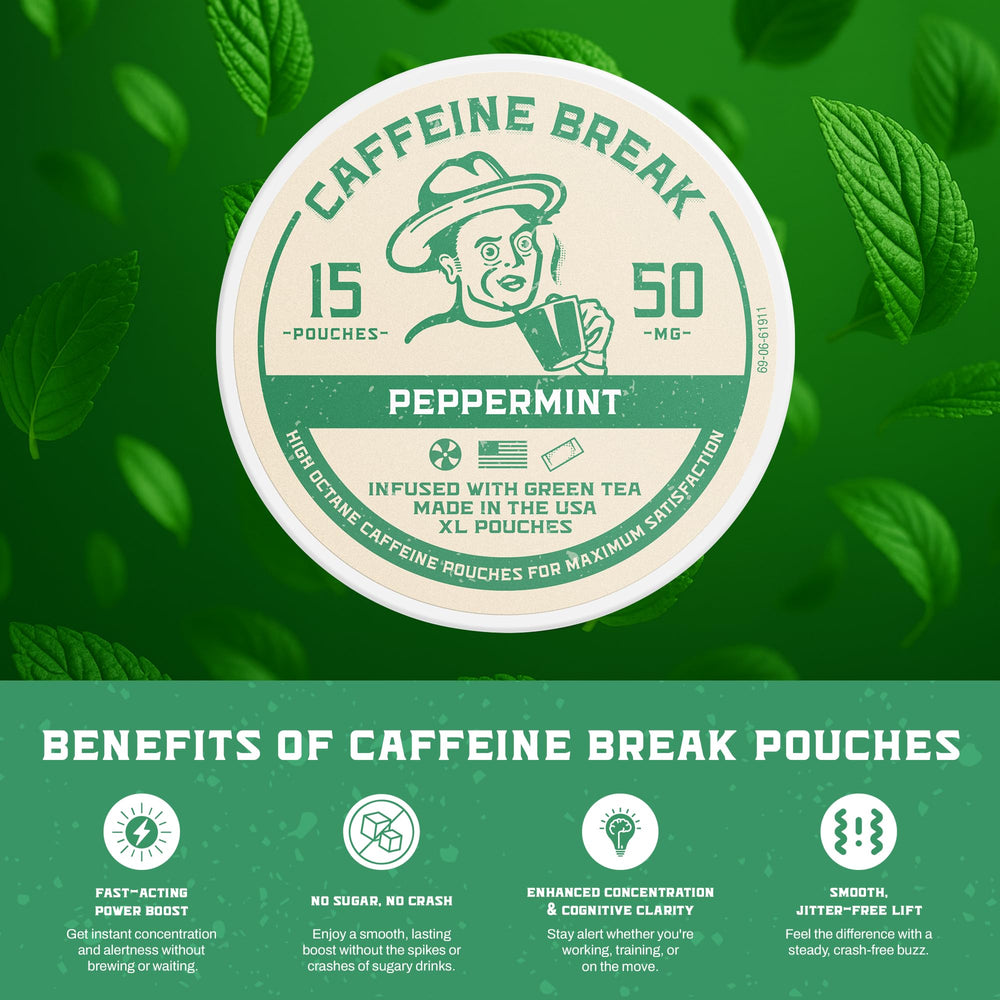 Caffeine Break peppermint pouch tin stack showcases 15-count portability.