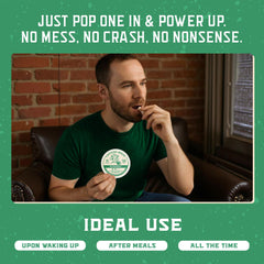 Caffeine Break peppermint pouch tin stack showcases 15-count portability.