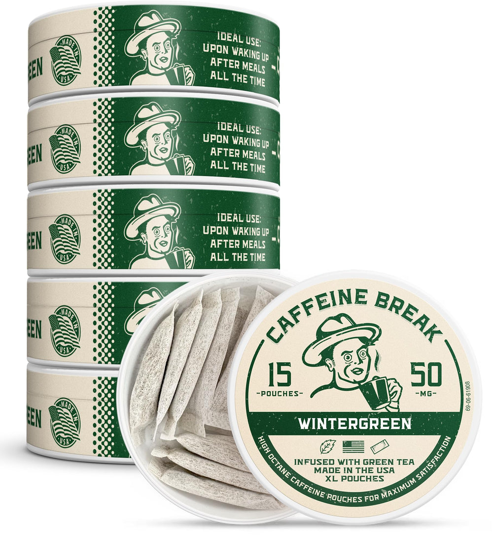 Caffeine Break Wintergreen pouch closeup for on-the-go energy
