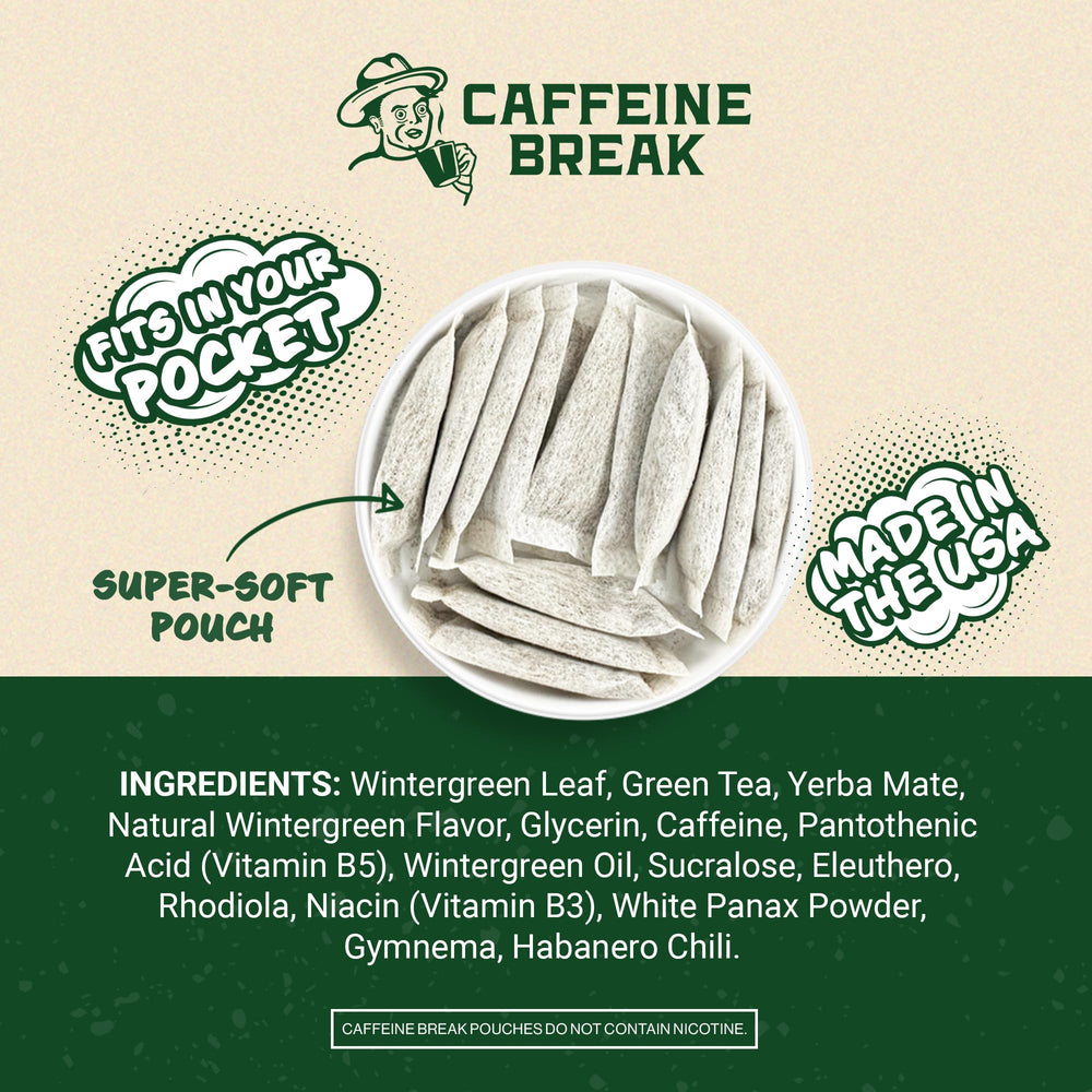 Caffeine Break Wintergreen pouch in tin packaging shows compact refreshment