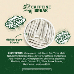 Caffeine Break Wintergreen pouch in tin packaging shows compact refreshment