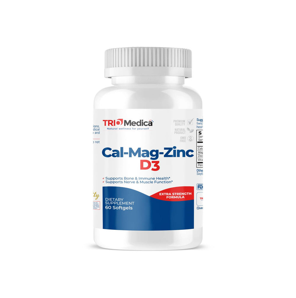 Bottle of Cal-Mag-Zinc D3 dietary supplement with 60 softgels