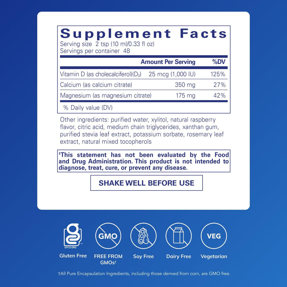 Pure Encapsulations Cal/Mag/D Liquid bottle back with dosage information