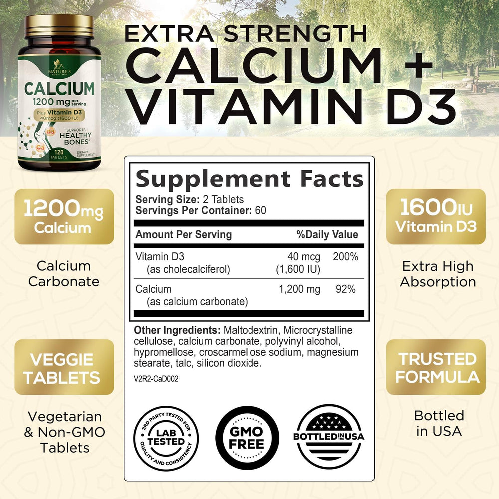 Calcium 1200 mg with Vitamin D3 capsules bottle – USA-made