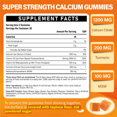 Close-up of calcium gummy bottle with D3, K2, MSM and turmeric