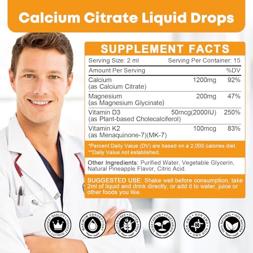 Close-up of 1200 mg calcium citrate drops bottle