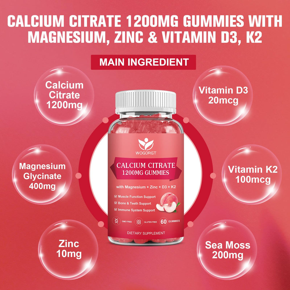Nutrition panel highlighting Calcium Citrate 1200mg, Magnesium 400mg, Zinc 10mg