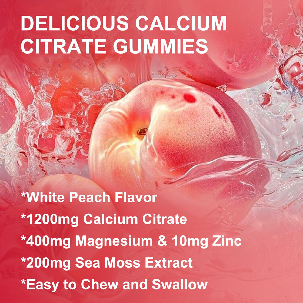 Assorted peach gummies displayed with 2-pack packaging on white background