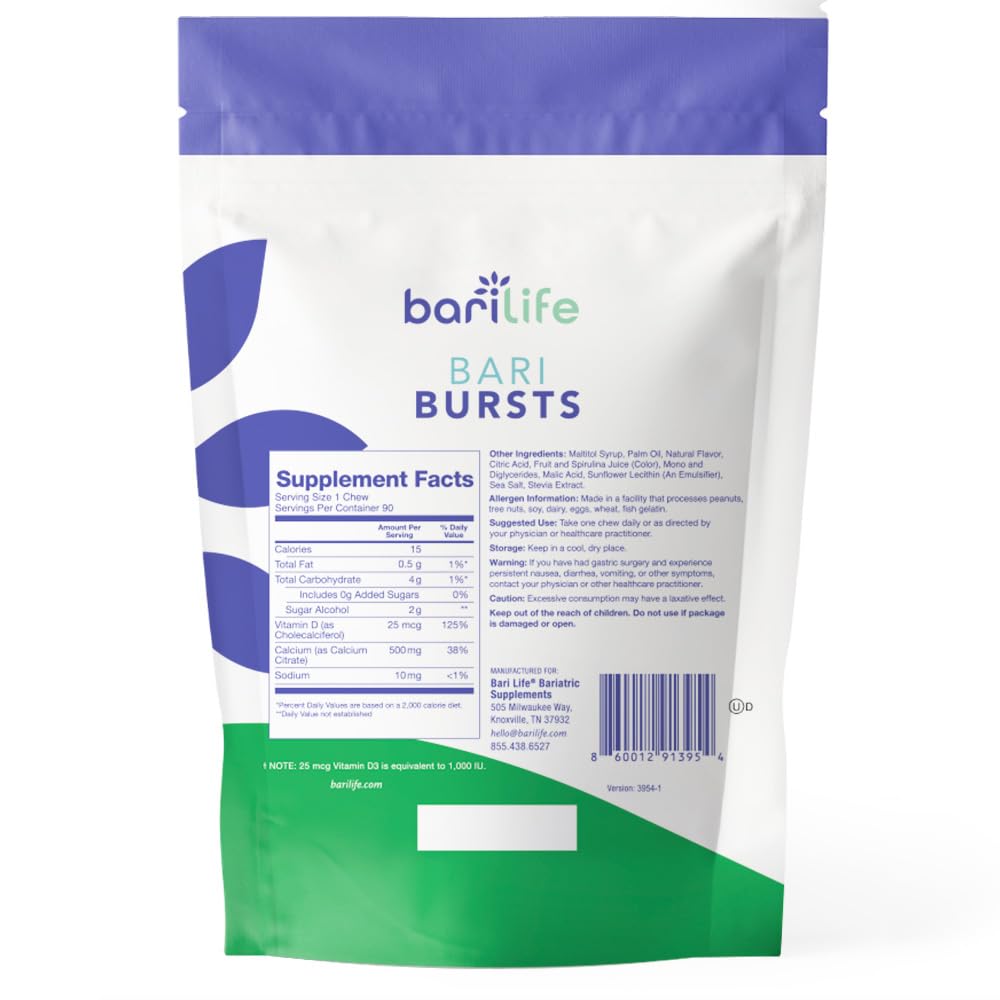 Close-up of calcium citrate chew bites: 500 mg calcium and 1000 IU vitamin D3 per serving