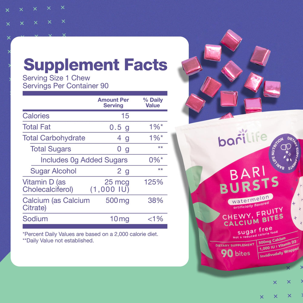 Watermelon BariBurst chew with 1000 IU Vitamin D3 label close-up