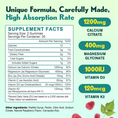 Calcium citrate gummies with D3 and MK-7 K2 for bone support in raspberry