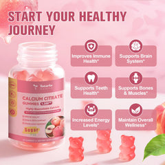 Close-up of peach flavored calcium citrate gummy with ingredients