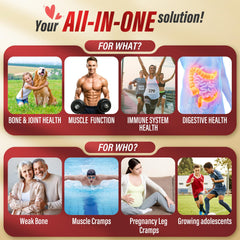 Nutrient profile and benefits diagram for bone, muscle, and immune support