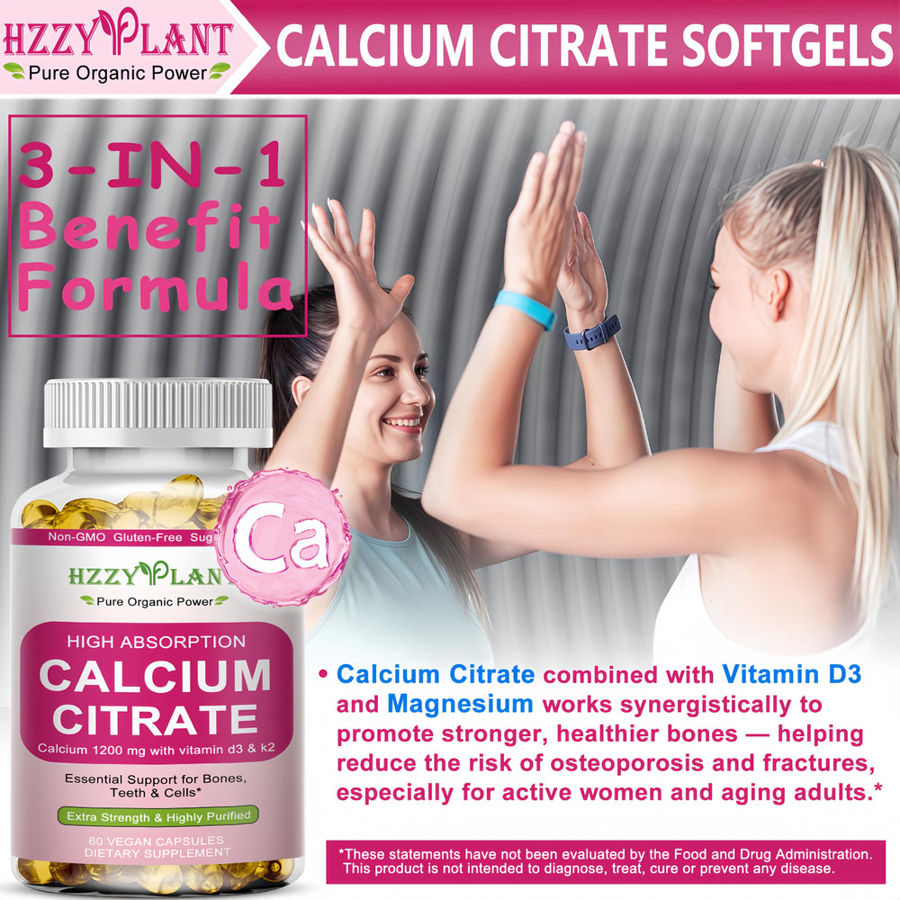 Close-up of calcium citrate softgels capsules (1200 mg) in bottle