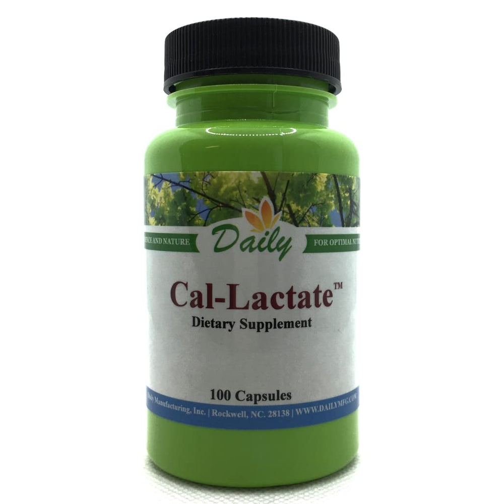 Bottle of Daily Calcium Lactate 100 Capsules showing 280 mg calcium per 6 capsules