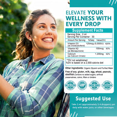 Product label emphasizing D3 and K2 on calcium drops