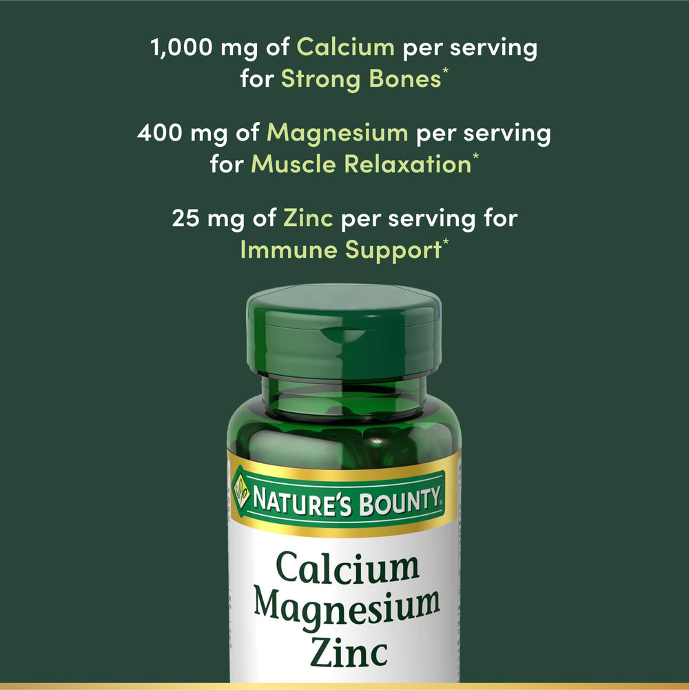 Close-up of label showing 1000 mg calcium, 400 mg magnesium, 600 IU vitamin D