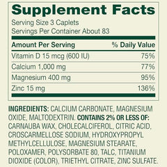 Close-up of Calcium Magnesium Zinc D3 supplement bottle showing serving details