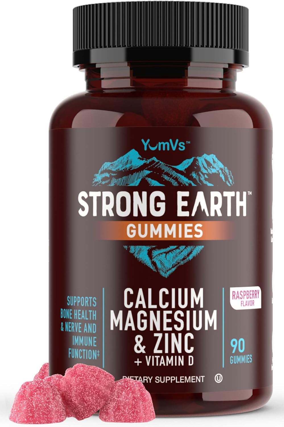 Bottle of calcium magnesium zinc gummies with vitamin D3, raspberry flavor