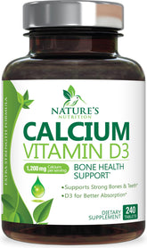 Bottle of calcium supplement 1200 mg with vitamin D3 1600 IU for immune and bone health