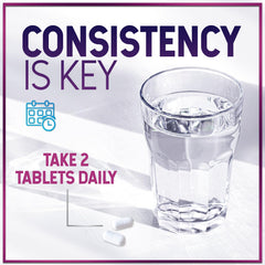 Close-up of the serving size and tablets in a bottle