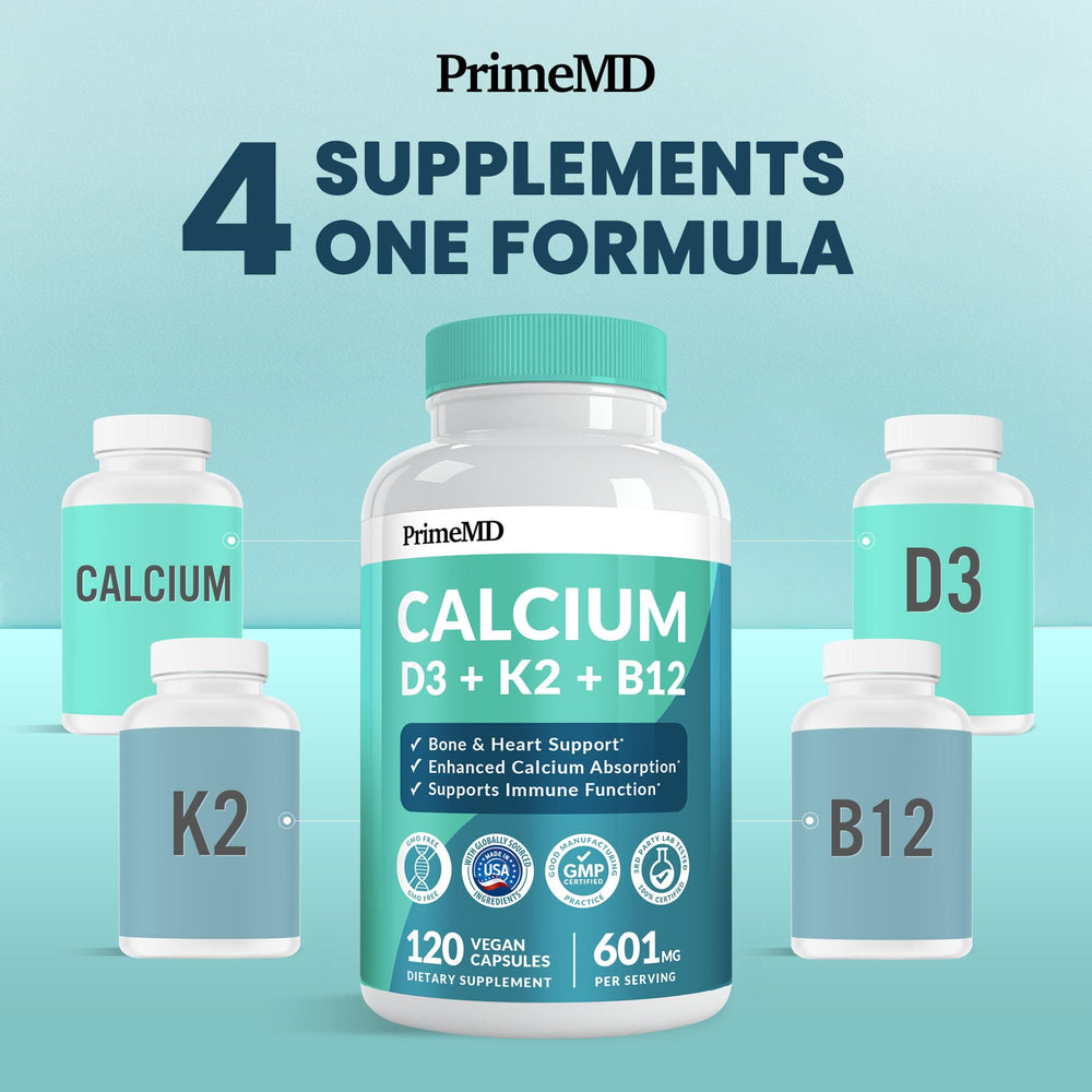 Calcium with vitamins D3 and K2 (5000 IU) per serving.