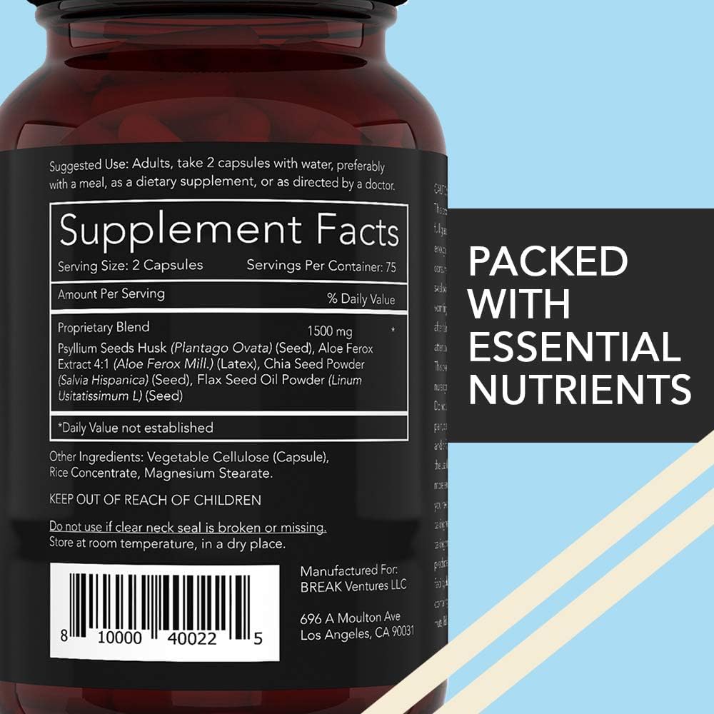Close-up of vegan psyllium husk fiber capsules with chia and flaxseed