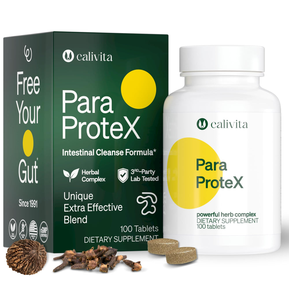 Calivita ParaProteX tablet bottle closeup showing vegan gut support.