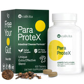 Calivita ParaProteX tablet bottle closeup showing vegan gut support.
