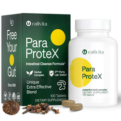 Calivita ParaProteX tablet bottle closeup showing vegan gut support.
