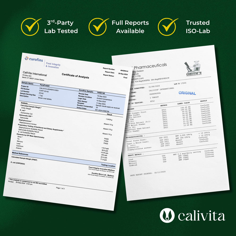 Calivita ParaProteX USA manufacturing facility badge demonstrating safety.