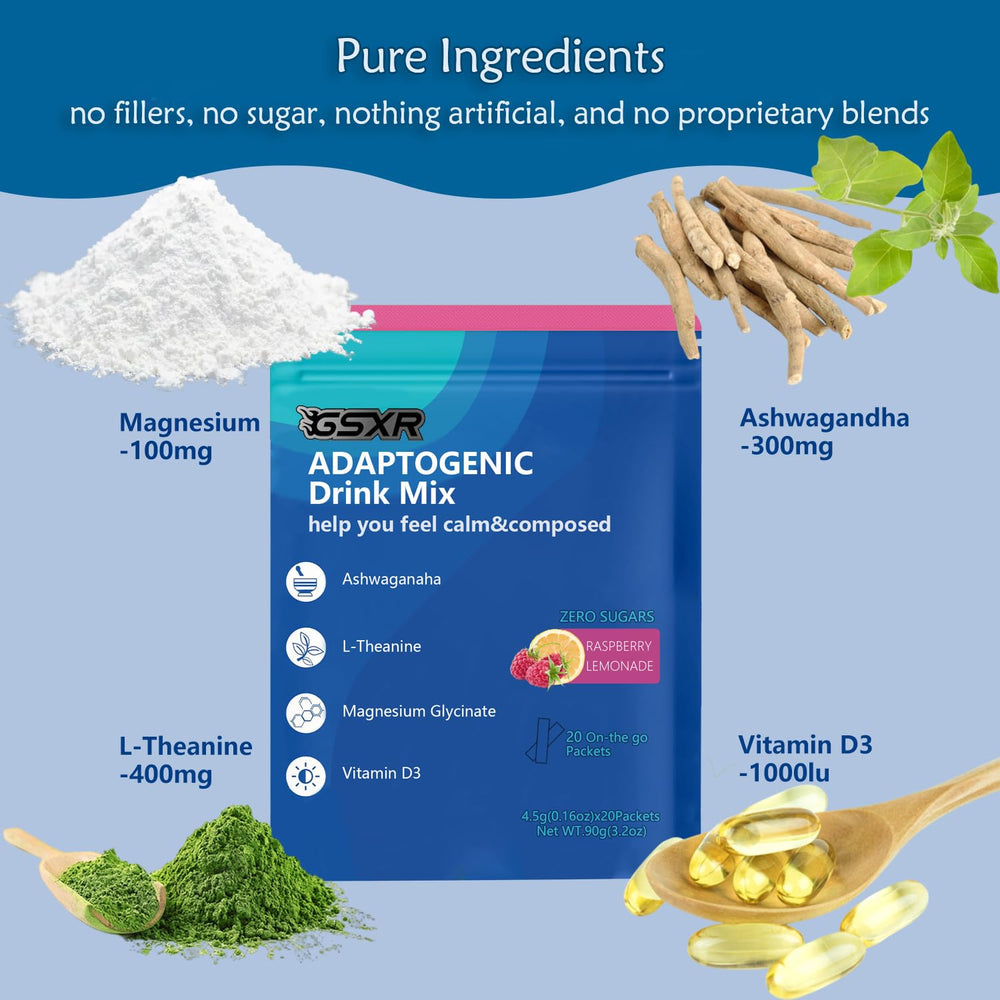 Close-up of magnesium glycinate, L-Theanine, KSM-66 ashwagandha and vitamin D3 ingredients