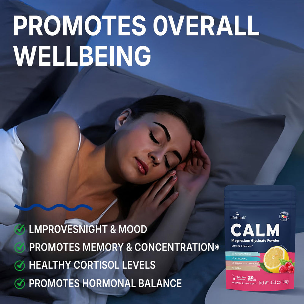 Icons showing L-Theanine, GABA, Ashwagandha, and Prebiotics