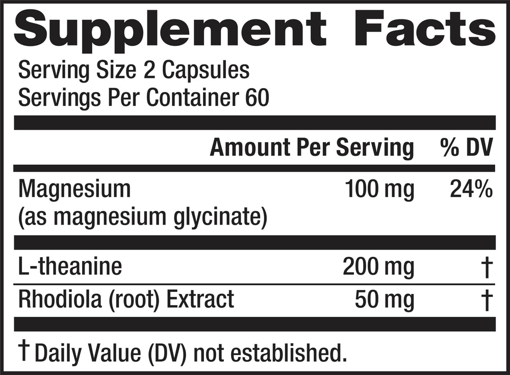 Close up of ingredients magnesium glycinate L-theanine and rhodiola