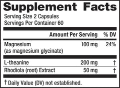 Close up of ingredients magnesium glycinate L-theanine and rhodiola