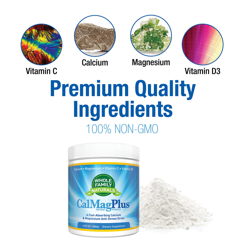 Close-up of CalMag Plus ingredients including Vitamin C and D3 label