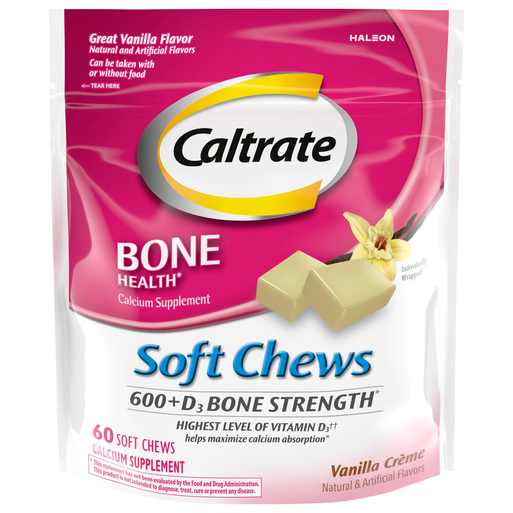 Front packaging: Caltrate 600 Plus D3 Soft Chews Vanilla Creme 60-count bag