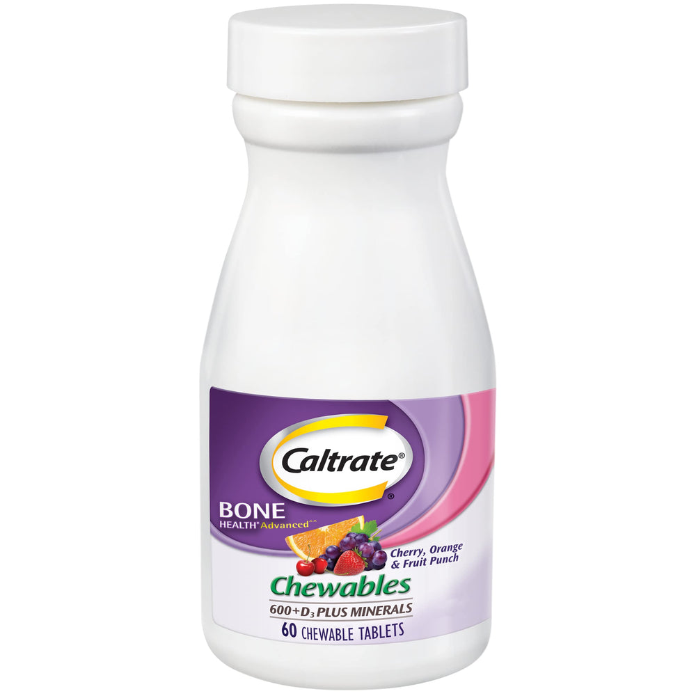 Caltrate chewables 600 Plus D3 minerals bottle with cherry flavor - front view