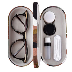 Open view of camouflage 2-in-1 travel case showing two compartments for glasses and lenses