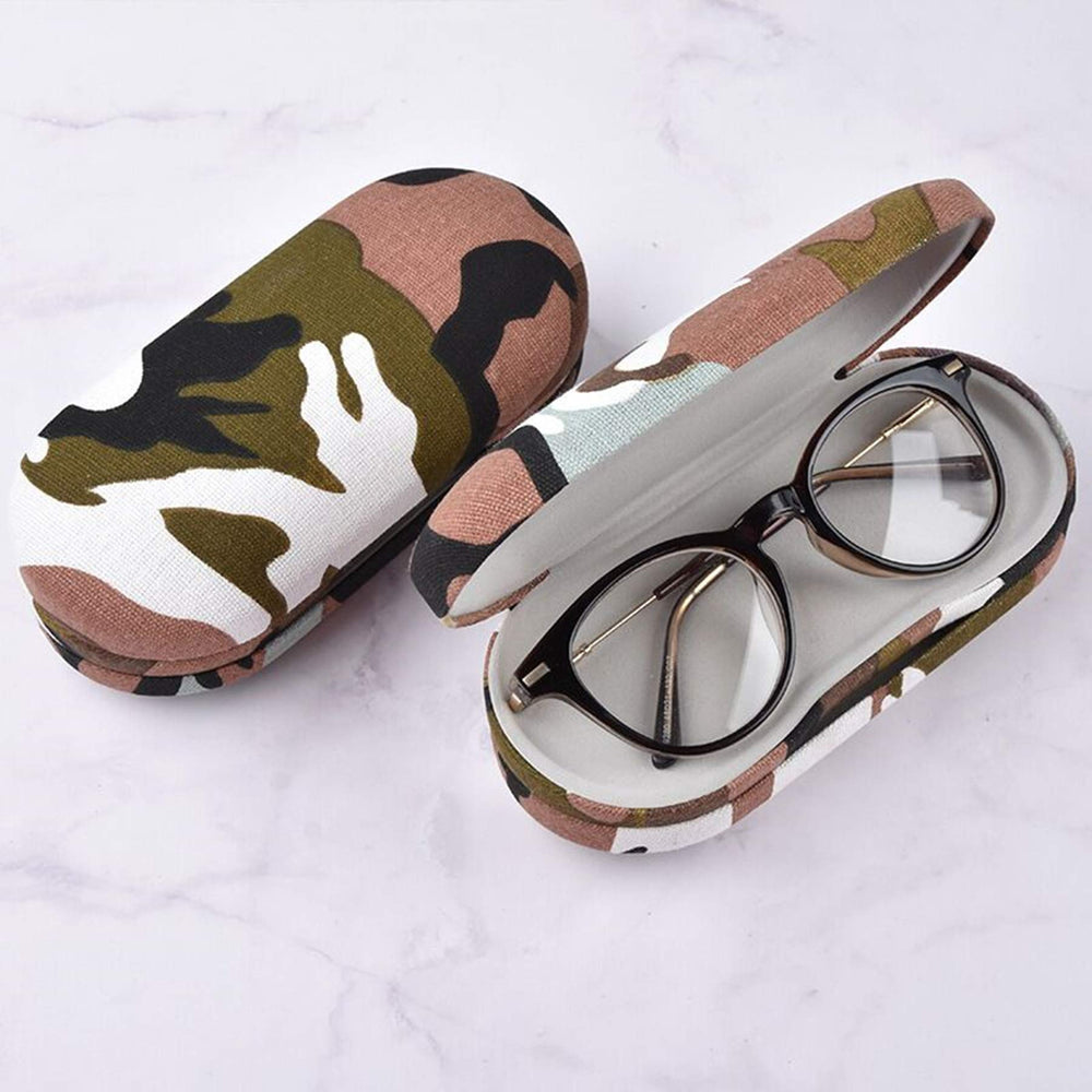 Travel-ready dual-use glasses and contact lens case in camouflage design