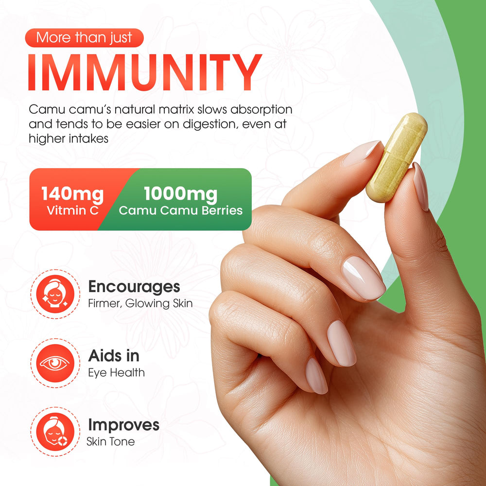 Close-up of Camu Camu capsules bottle